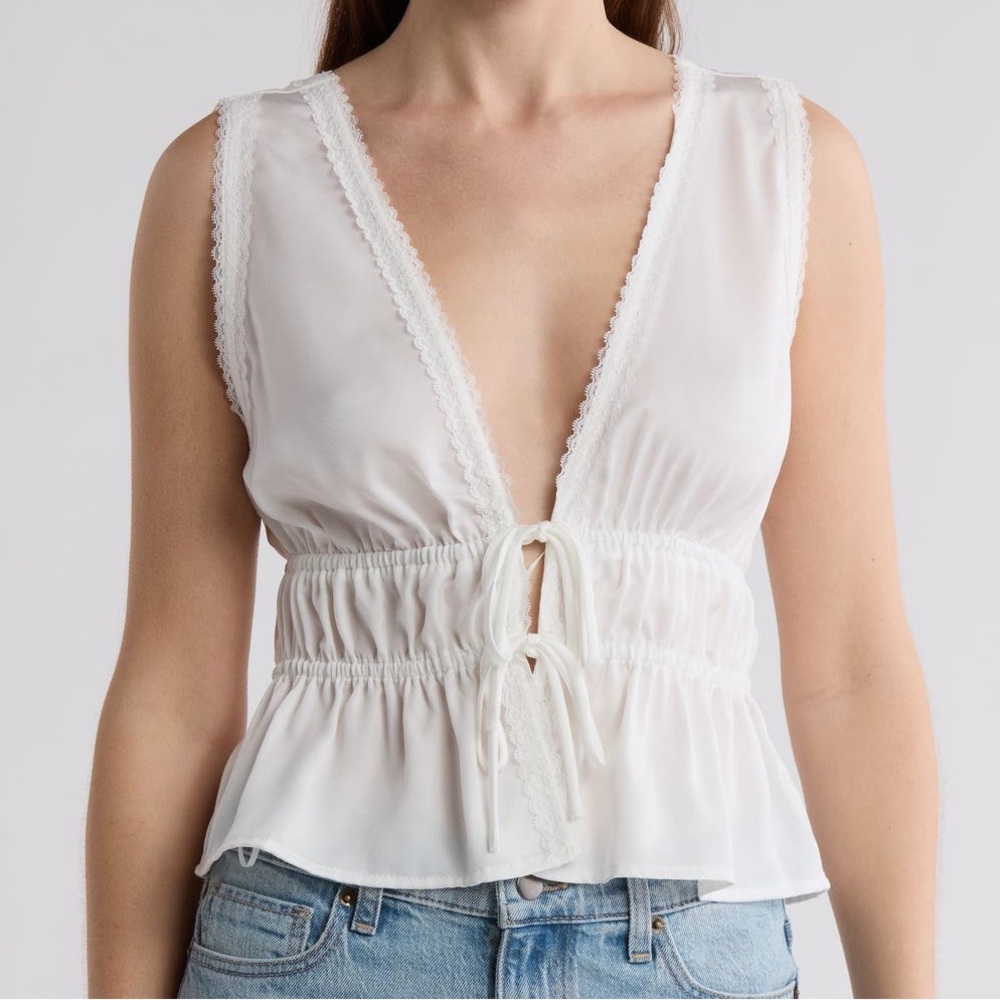 Wayf Lace-Trim Tie-Front Peplum Tank